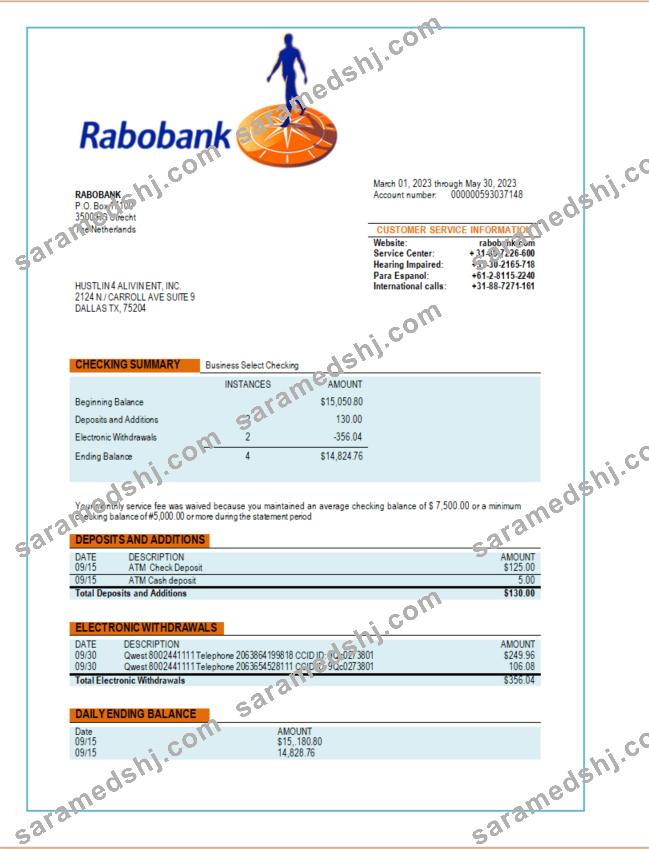 Rabobank  bank organization account statement Word and PDF template